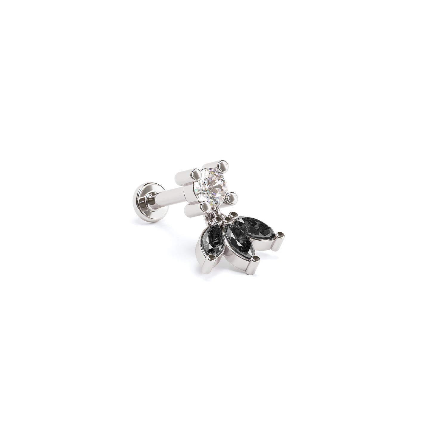 14K Gold Marquise Black and White Diamond Lotus Dangle Stud