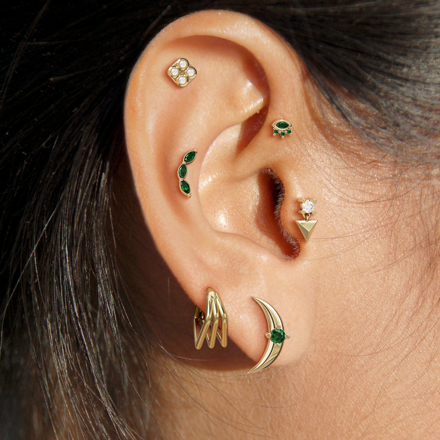 14K Gold Trio Marquise Emerald Curved Threadless End