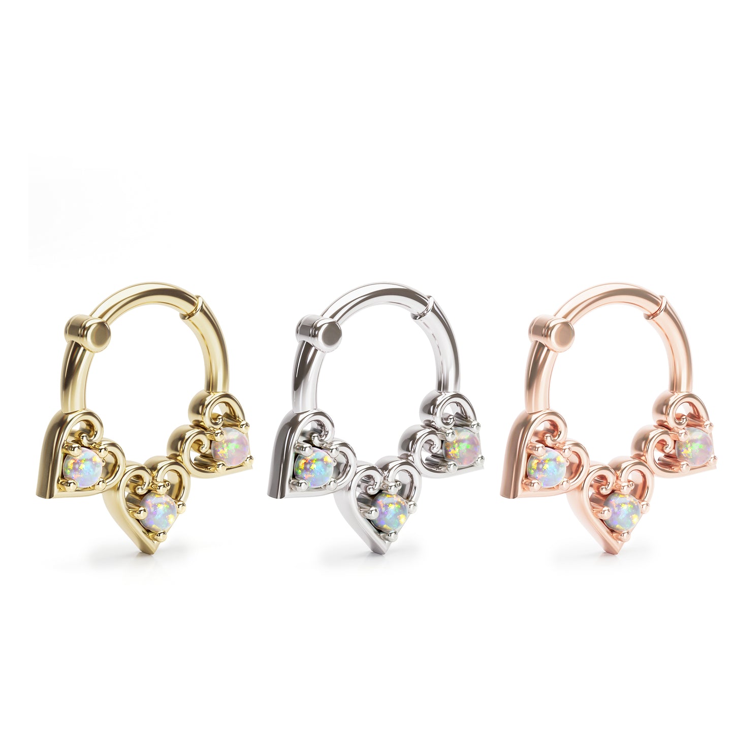Solid Gold Opal Heart Clicker Hoop