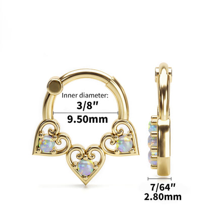 Solid Gold Opal Heart Clicker Hoop