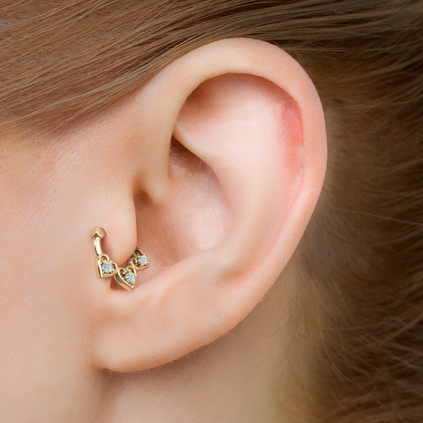 Solid Gold Opal Heart Clicker Hoop