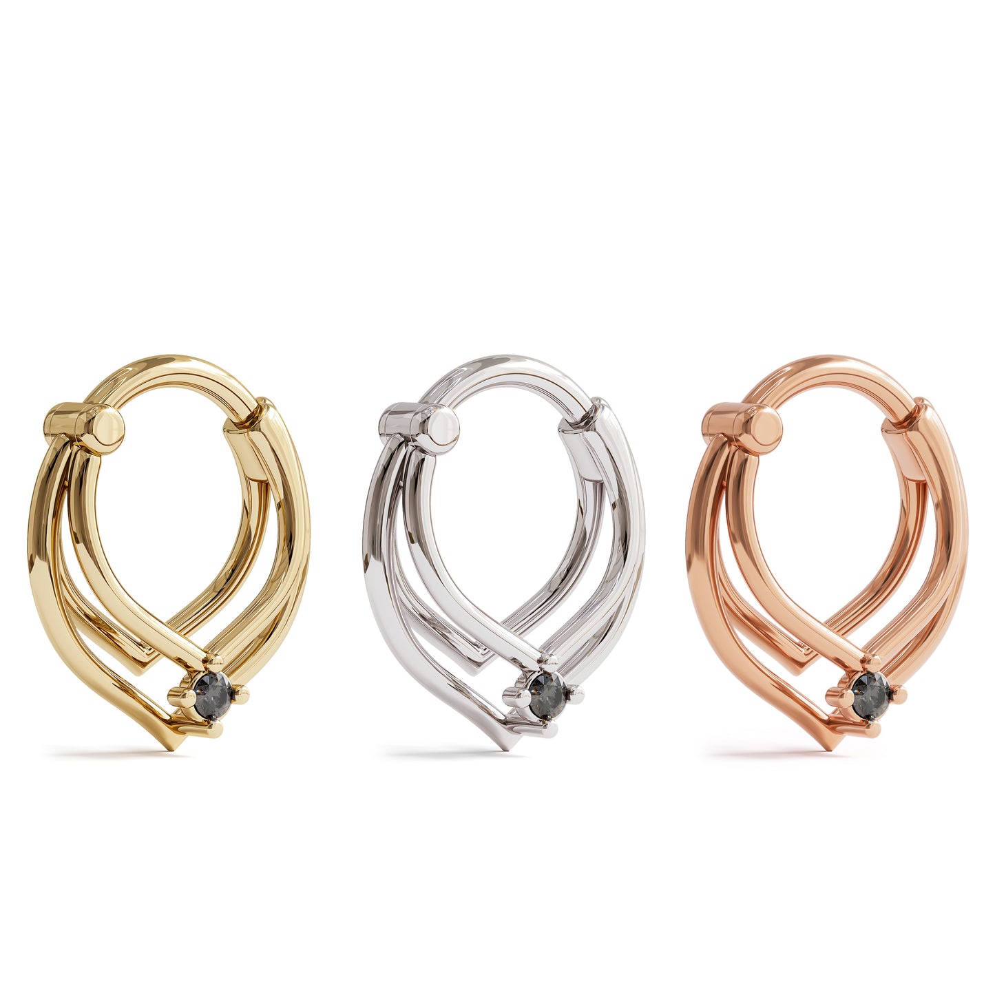 14K Gold Black Diamond Trinity V Shape Clicker Hoop