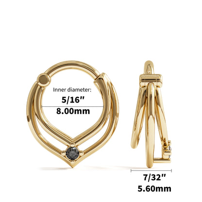 14K Gold Black Diamond Trinity V Shape Clicker Hoop
