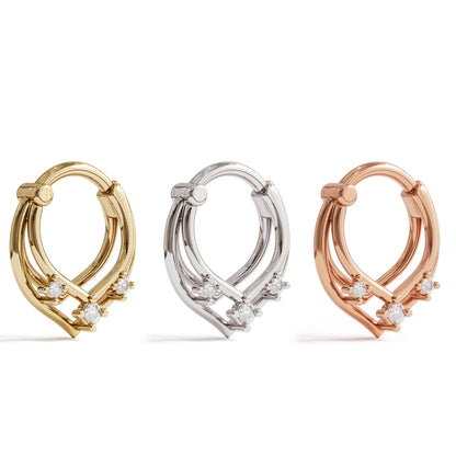 14K Gold Triple Diamond Trinity V Shape Clicker Hoop