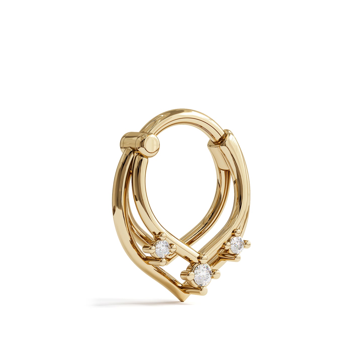 14K Gold Triple Diamond Trinity V Shape Clicker Hoop