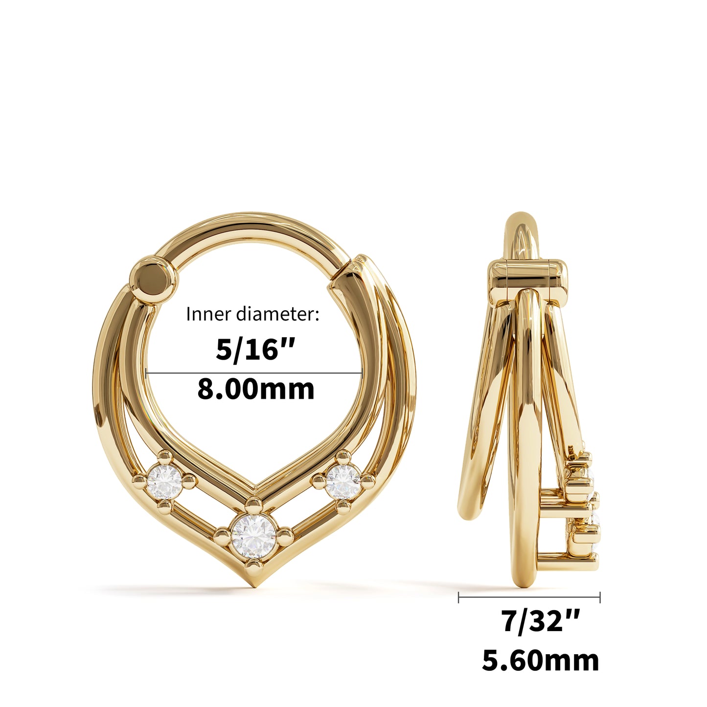 14K Gold Triple Diamond Trinity V Shape Clicker Hoop