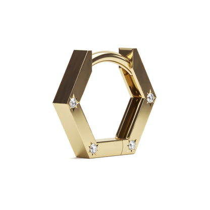 Solid Gold Star Set 4 Diamonds Hexagon Clicker Hoop