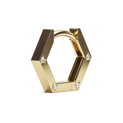 Solid Gold Star Set 8 Diamonds Hexagon Clicker Hoop