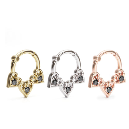Solid Gold Black Diamond Heart Clicker Hoop