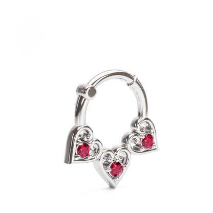 Solid Gold Ruby Heart Clicker Hoop