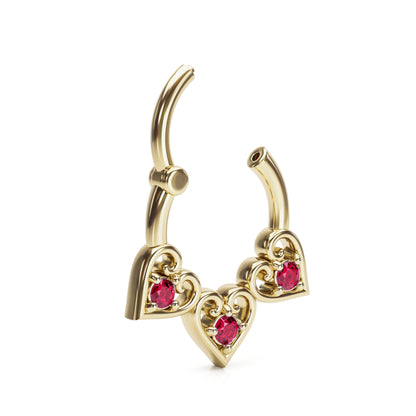 Solid Gold Ruby Heart Clicker Hoop