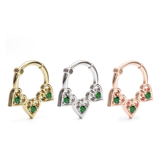 Solid Gold Emerald Heart Clicker Hoop