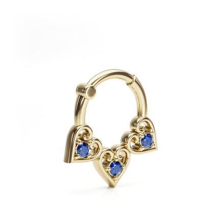 Solid Gold Sapphire Heart Clicker Hoop