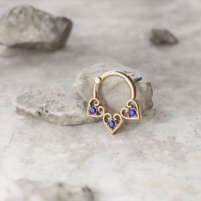 Solid Gold Sapphire Heart Clicker Hoop