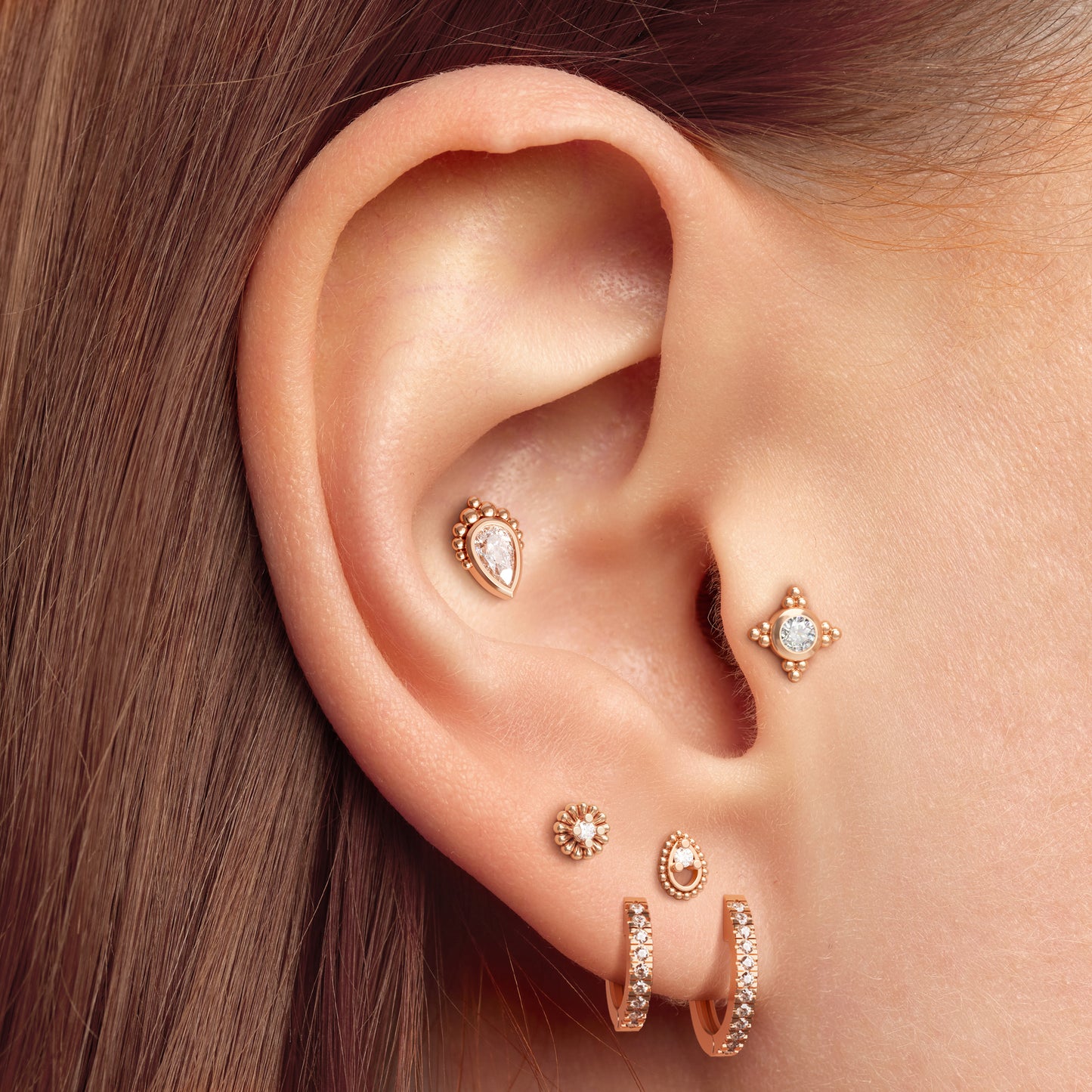14K Gold Diamond Abstract Floral Threadless End