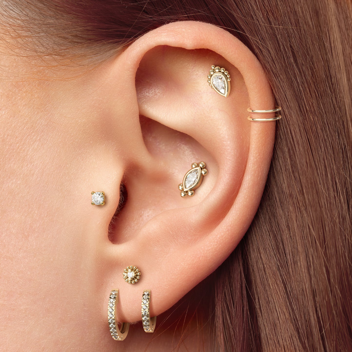14K Gold Pear-Cut Diamond Beaded Threadless End