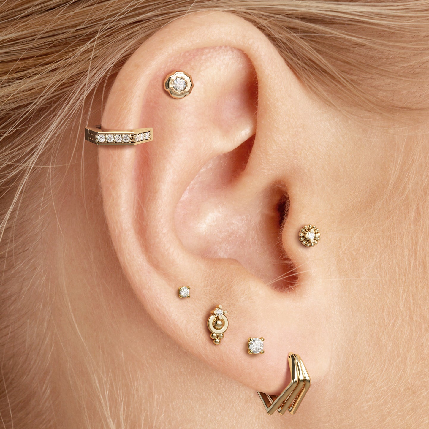 14K Gold Diamond Abstract Floral Threadless End