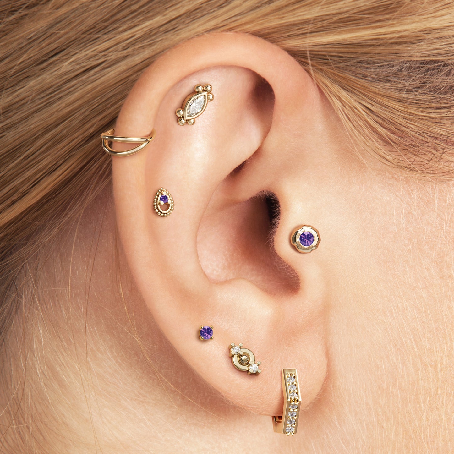 14K Gold Amethyst Beaded Teardrop Threadless End