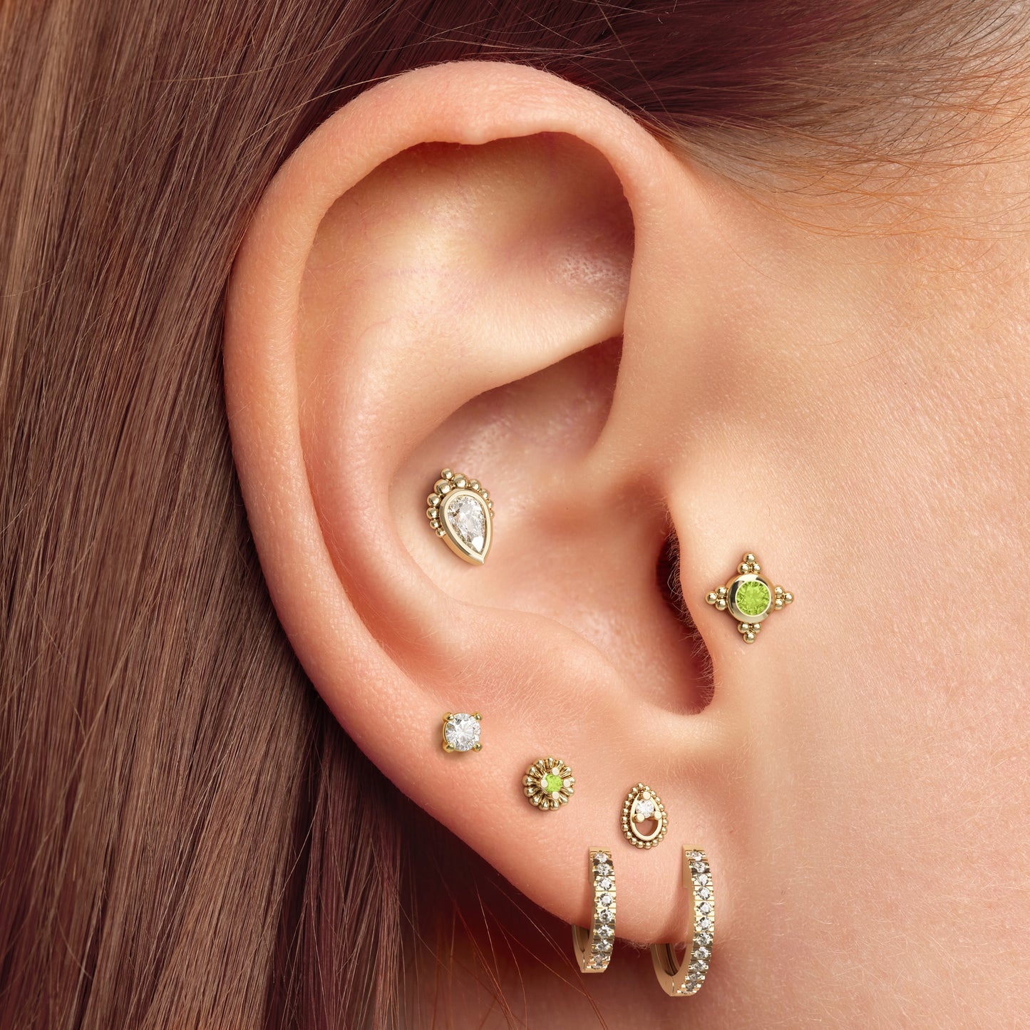 14K Gold Peridot Abstract Floral Threadless End
