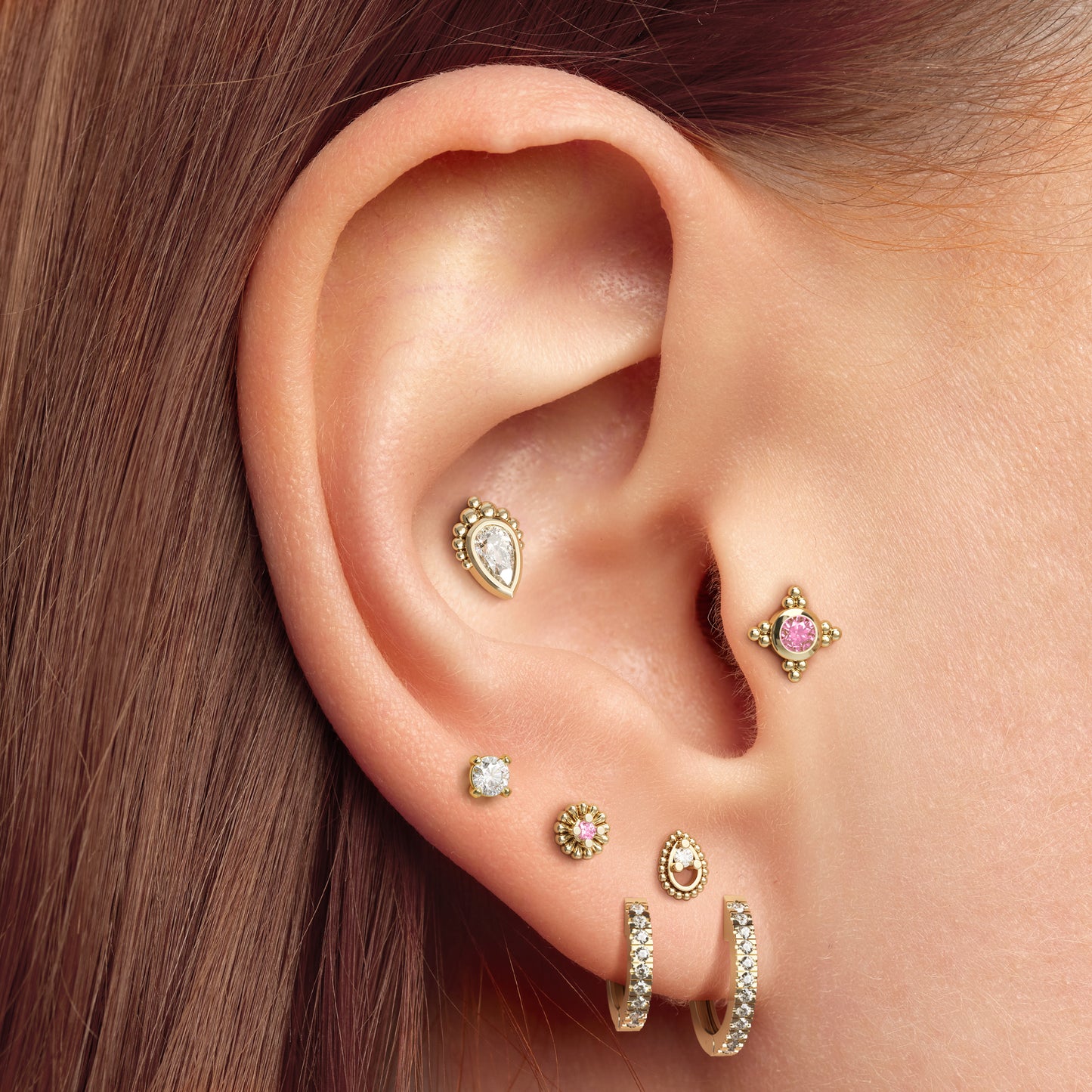 14K Gold Pink Tourmaline Abstract Floral Threadless End
