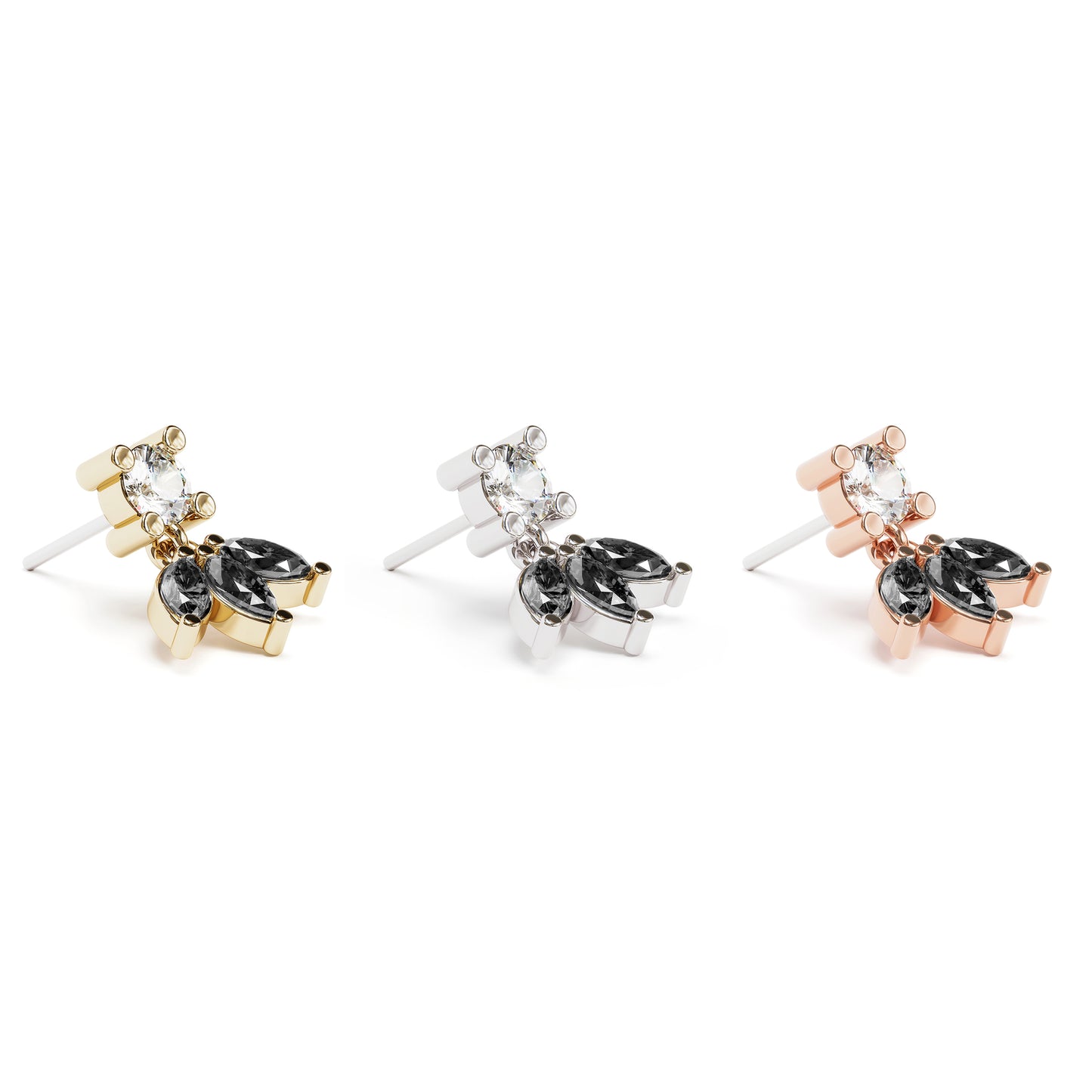 14K Gold Marquise Black and White Diamond Lotus Dangle Threadless End