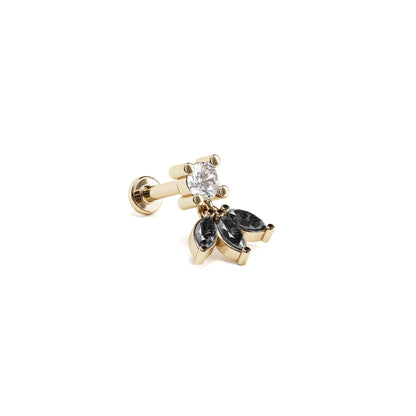 14K Gold Marquise Black and White Diamond Lotus Dangle Stud