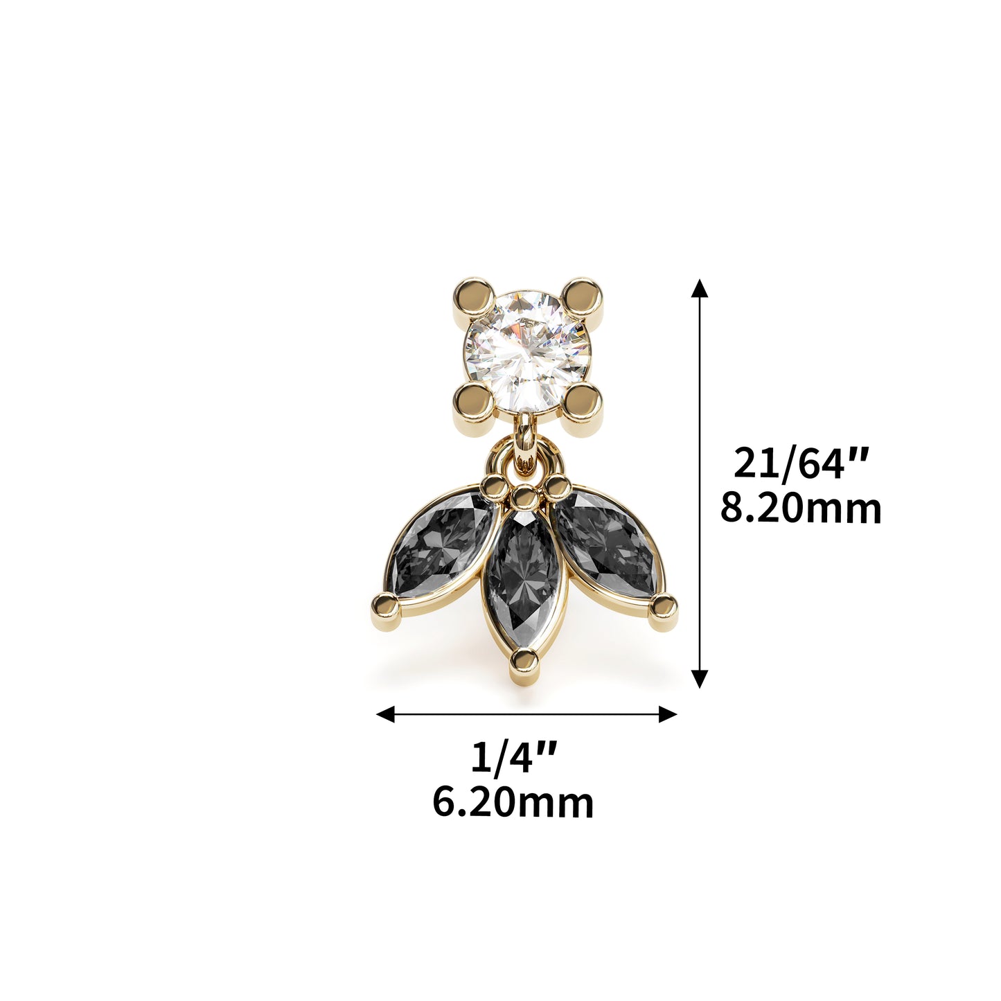 14K Gold Marquise Black and White Diamond Lotus Dangle Threadless End