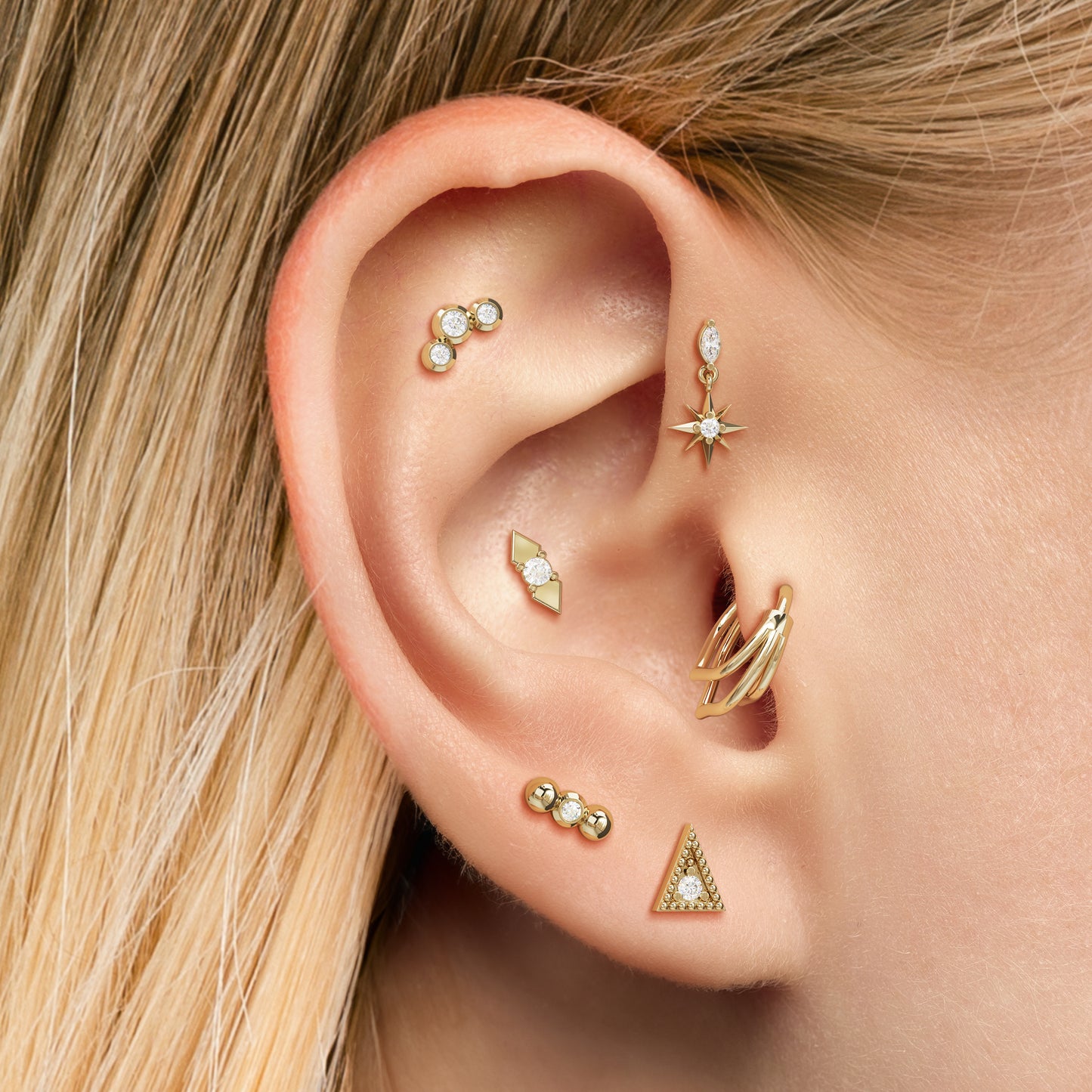 14K Gold Trio Diamond Curved Threadless End