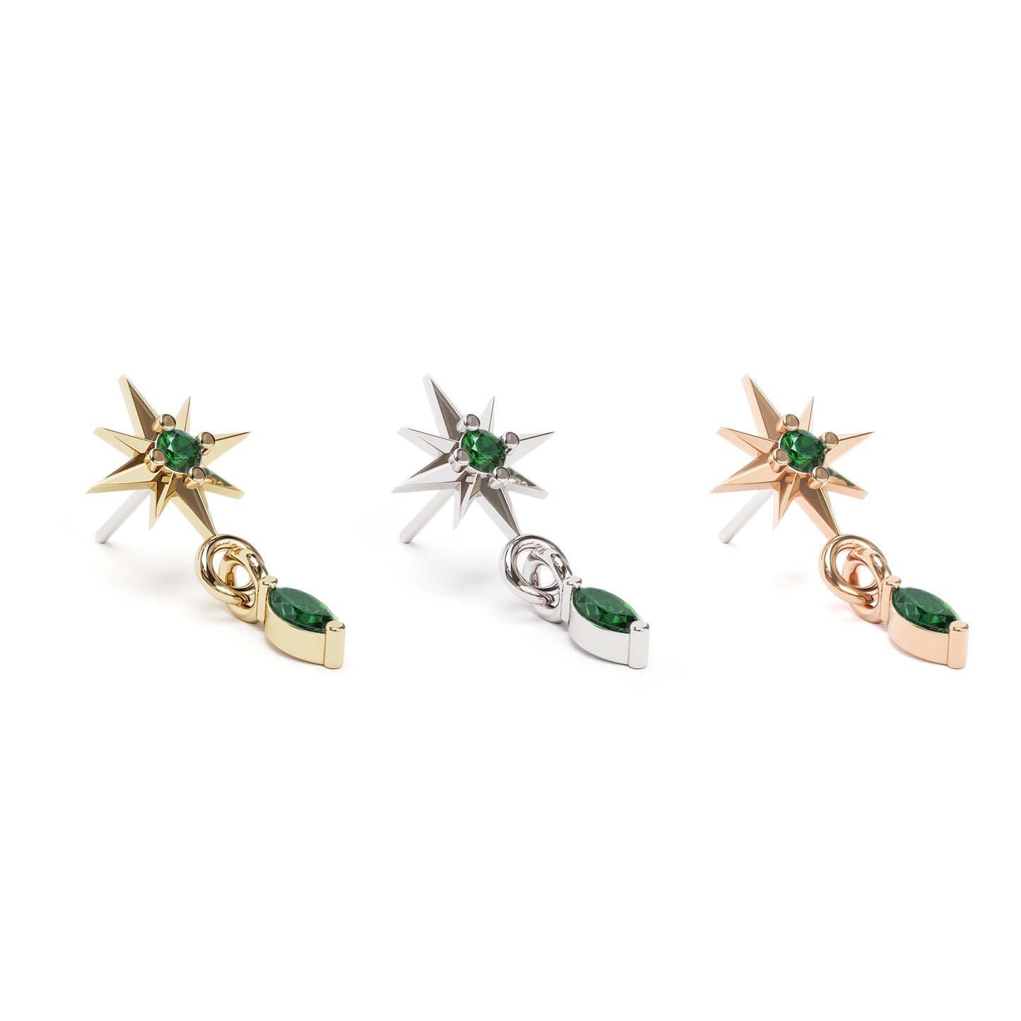 14K Gold Marquise Emerald Starburst Dangle Threadless End