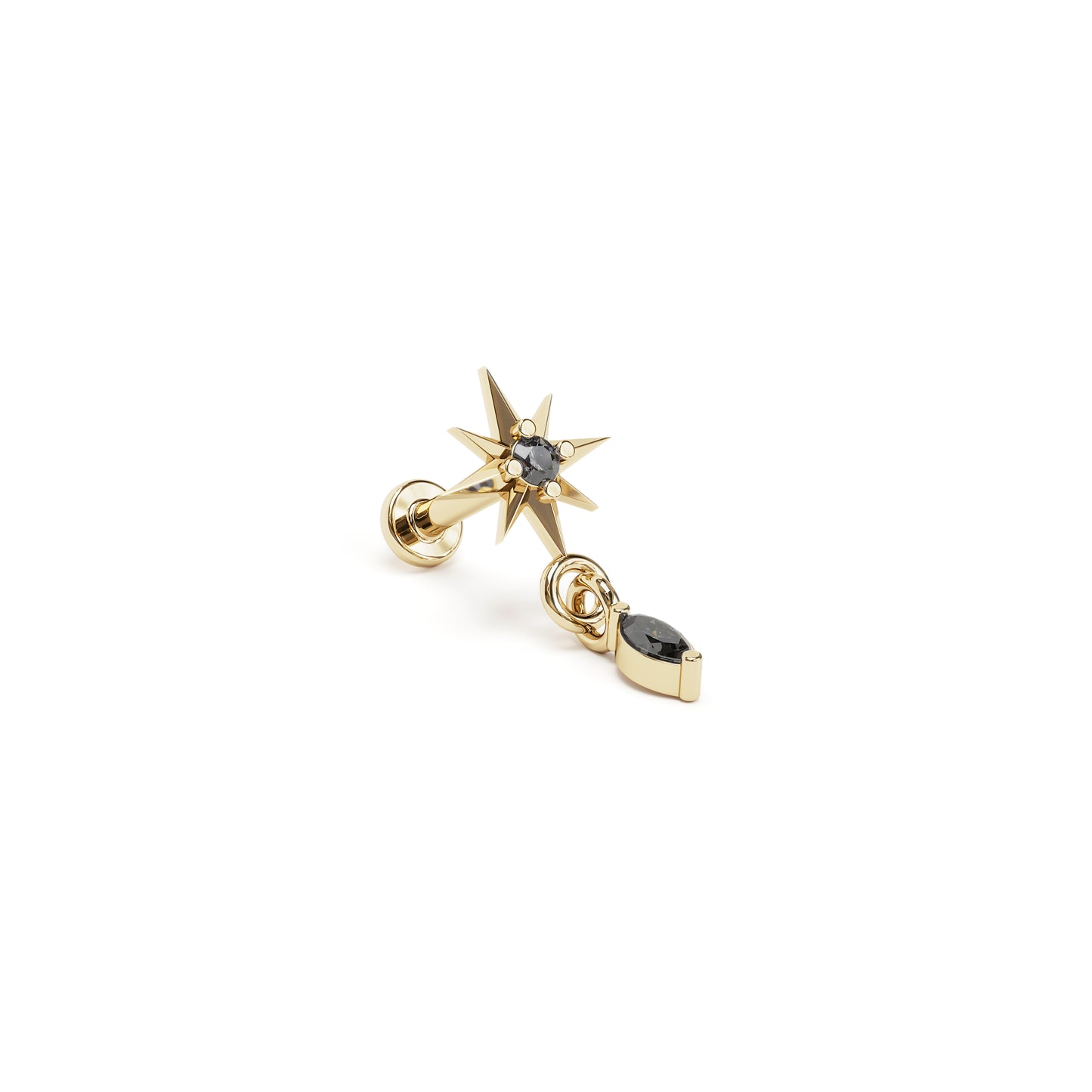 14K Gold Marquise Black Diamond Starburst Dangle Stud
