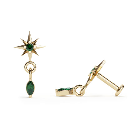 14K Gold Marquise Emerald Starburst Dangle Stud