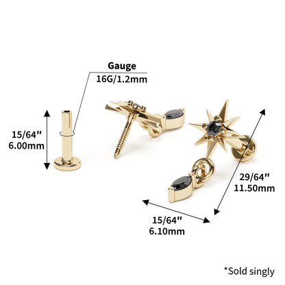 14K Gold Marquise Black Diamond Starburst Dangle Stud