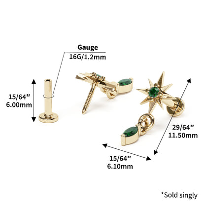 14K Gold Marquise Emerald Starburst Dangle Stud
