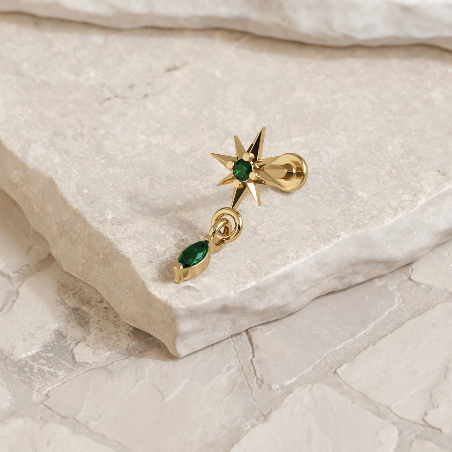 14K Gold Marquise Emerald Starburst Dangle Stud