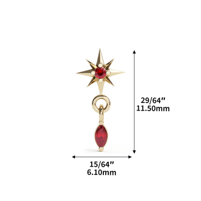 14K Gold Marquise Ruby Starburst Dangle Threadless End