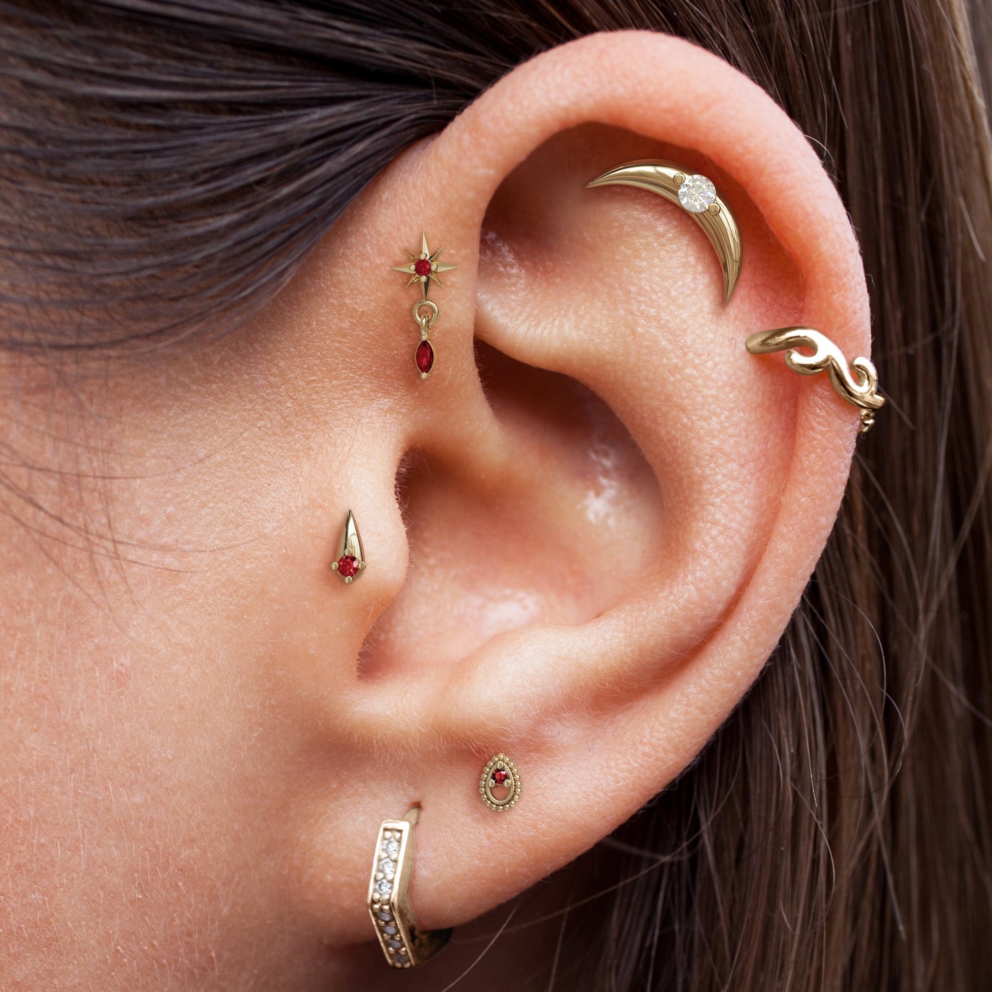14K Gold Marquise Ruby Starburst Dangle Threadless End