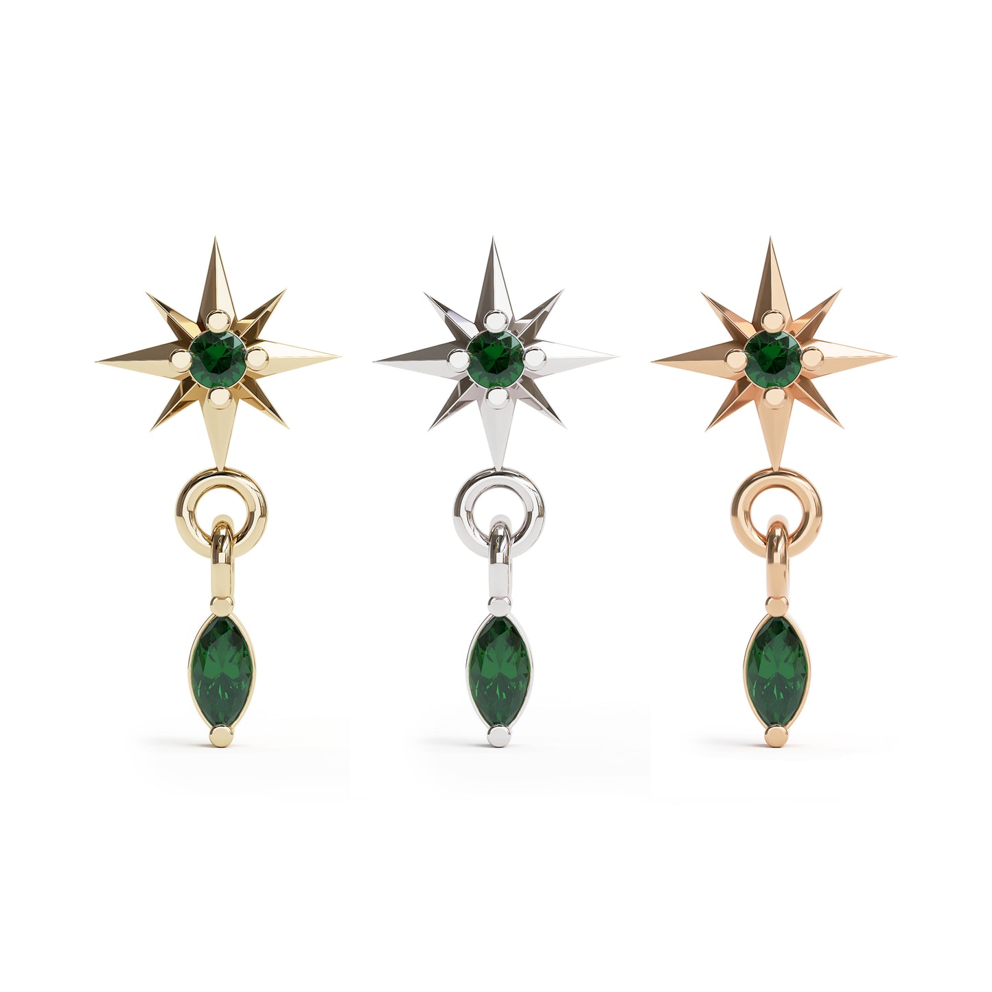 14K Gold Marquise Emerald Starburst Dangle Threadless End