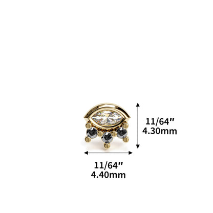 14K Gold Marquise Round Black and White Diamond Sunrise Threadless End