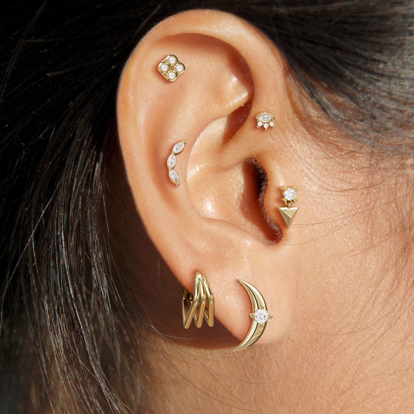 14K Gold Marquise Round Diamond Sunrise Threadless End