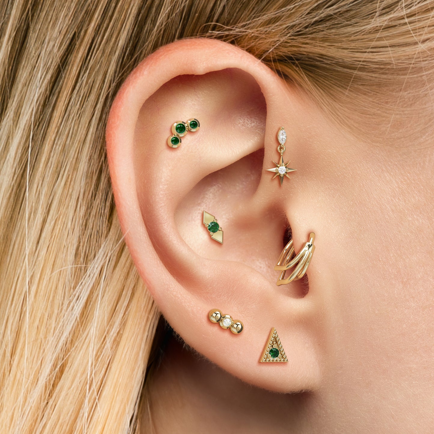 14K Gold Emerald Double Spike Threadless End