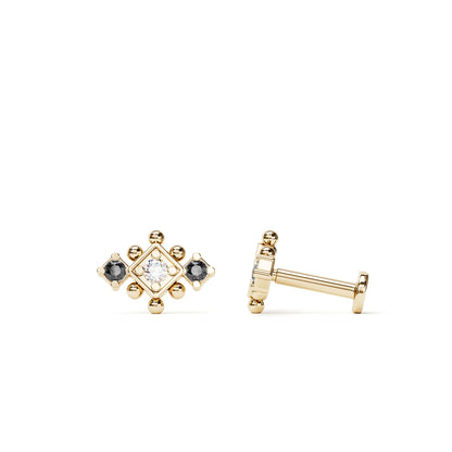 14K Gold Black and White Diamond Beaded Geometric Stud
