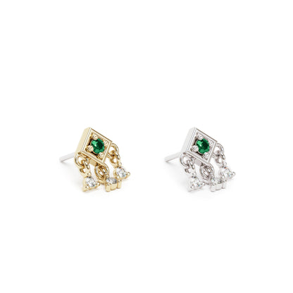 14K Gold Emerald Diamond Square Dangle Threadless End