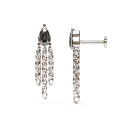 14K Gold Pear-Shape Black Diamond Chain Dangle Stud