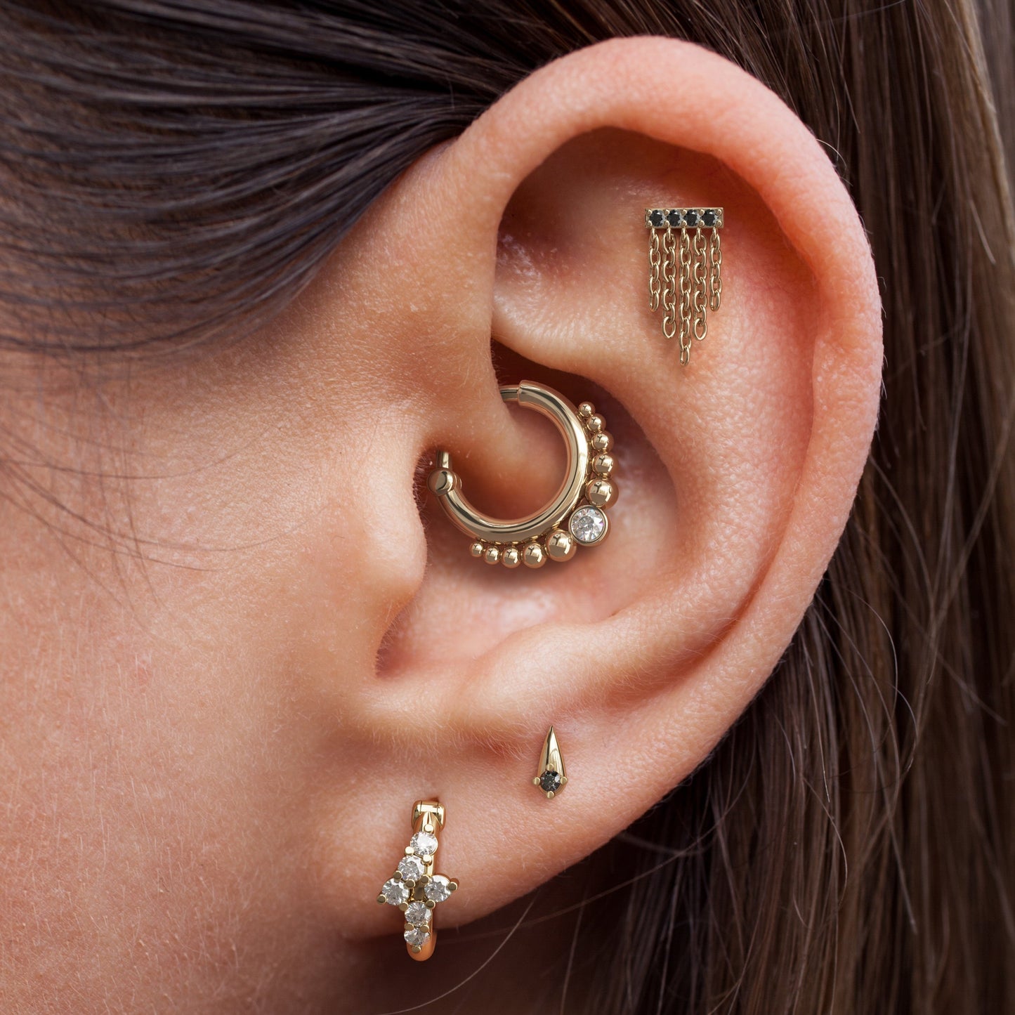 14K Gold Black Diamond Bar Chain Dangle Threadless End