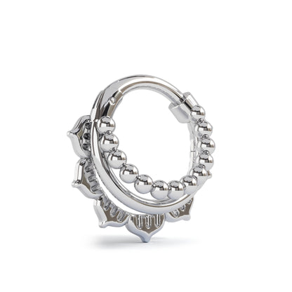 Solid Gold Stacked Beaded Lotus Clicker Hoop