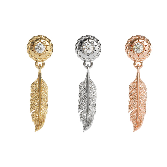 14K Gold Diamond Feather Dangle Threadless End