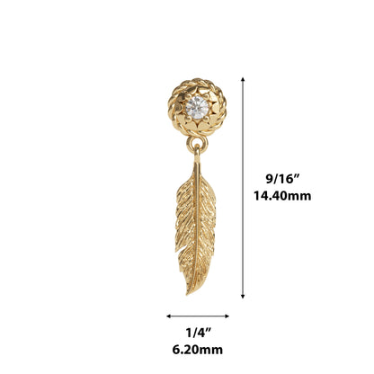14K Gold Diamond Feather Dangle Threadless End