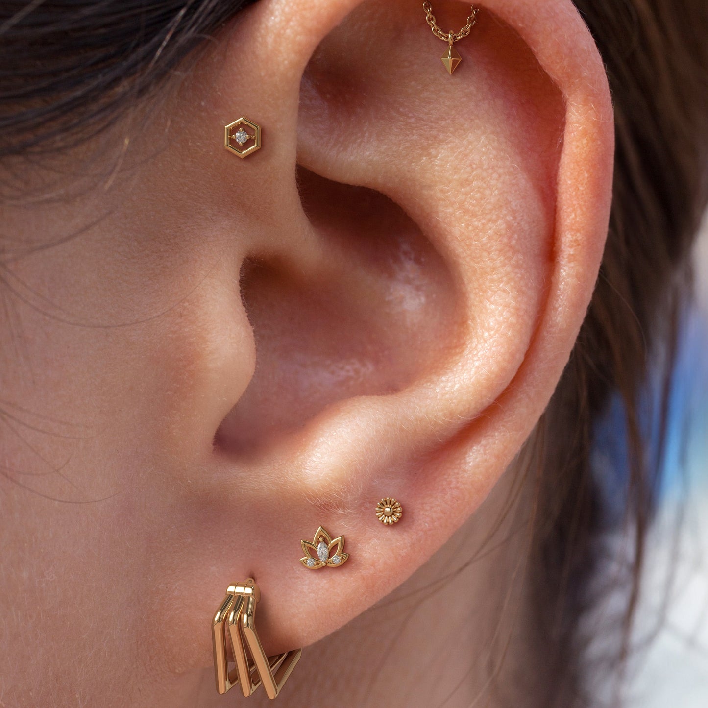 14K Gold Diamond Unique Hexagon Threadless End