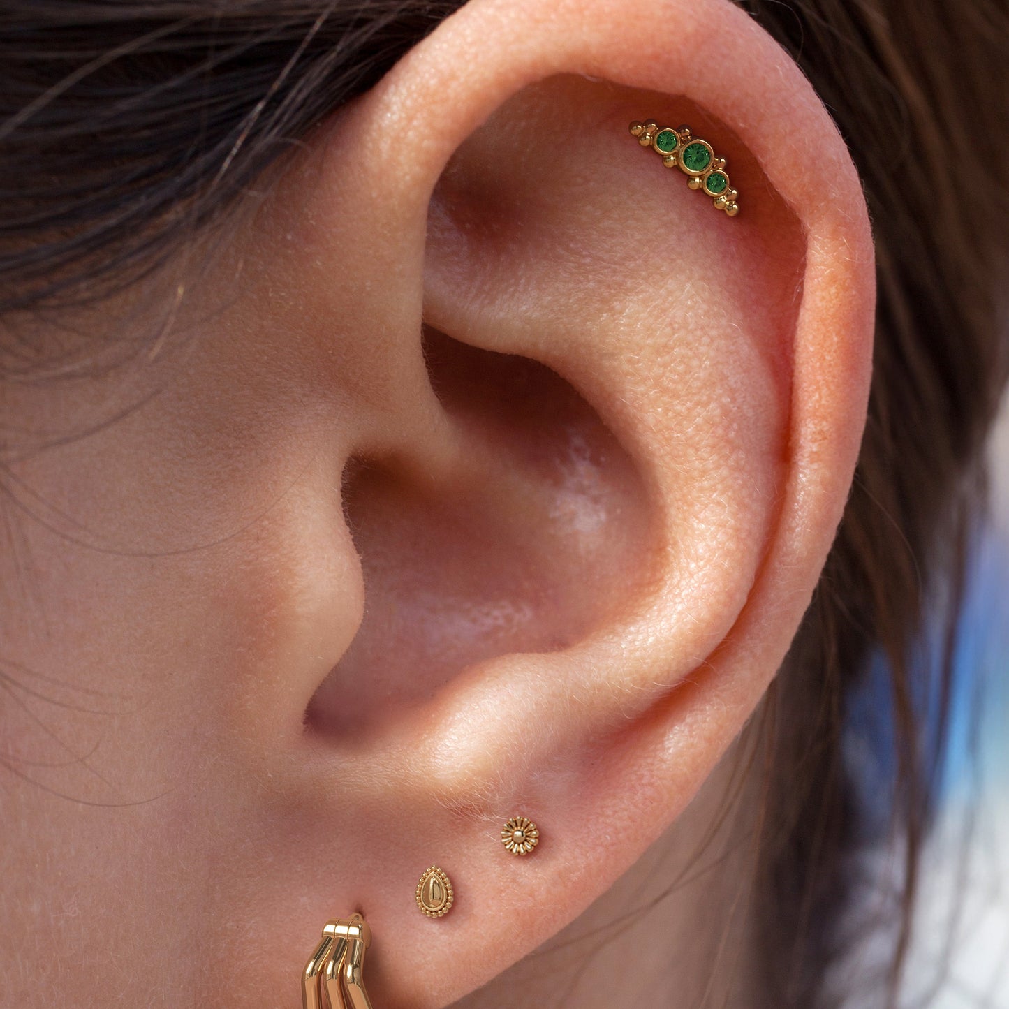 14K Gold Beaded Emerald Curved Threadless End
