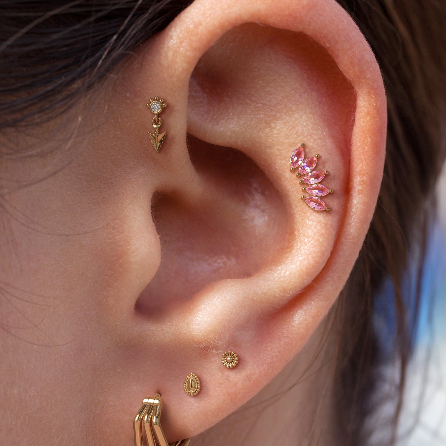 14K Gold Crown Marquise Pink Tourmaline Curved Threadless End